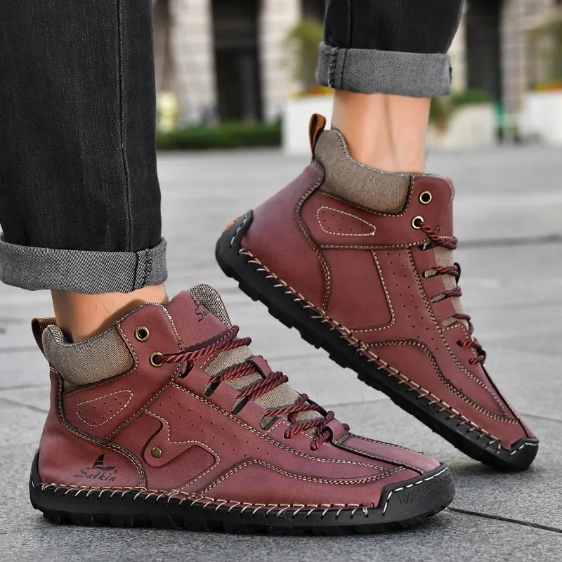 Men High Top Boots PU Flat Bottom Handmade Stitching Comfortable Classic Casual Men Boots Sizes 38-48