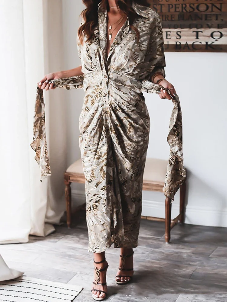 Summer Bandage Shirt Women Fashion Button Ruched Dress Casual Short Sleeve Printed Dress Female Elegant Party Dress Robe