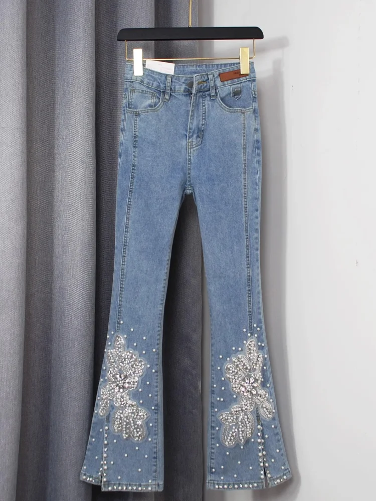 Women High Waist Jeans Floral Embroidery Nailed Bead Inlaid Diamond Pearls Split Denim Micro Flared Pants Cowboy Trouser Female