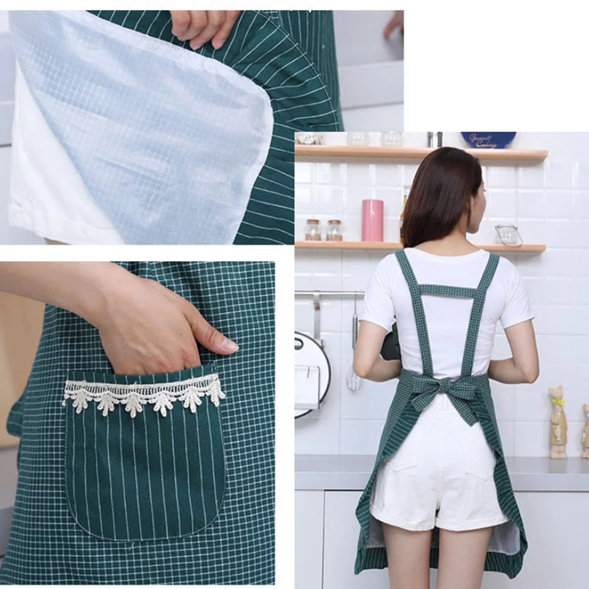 

Premium Cotton Aprons Long Strap Ties Two Pockets Easy Clean Reusable for Kids Cooking Baking Dark Green Cotton Aprons