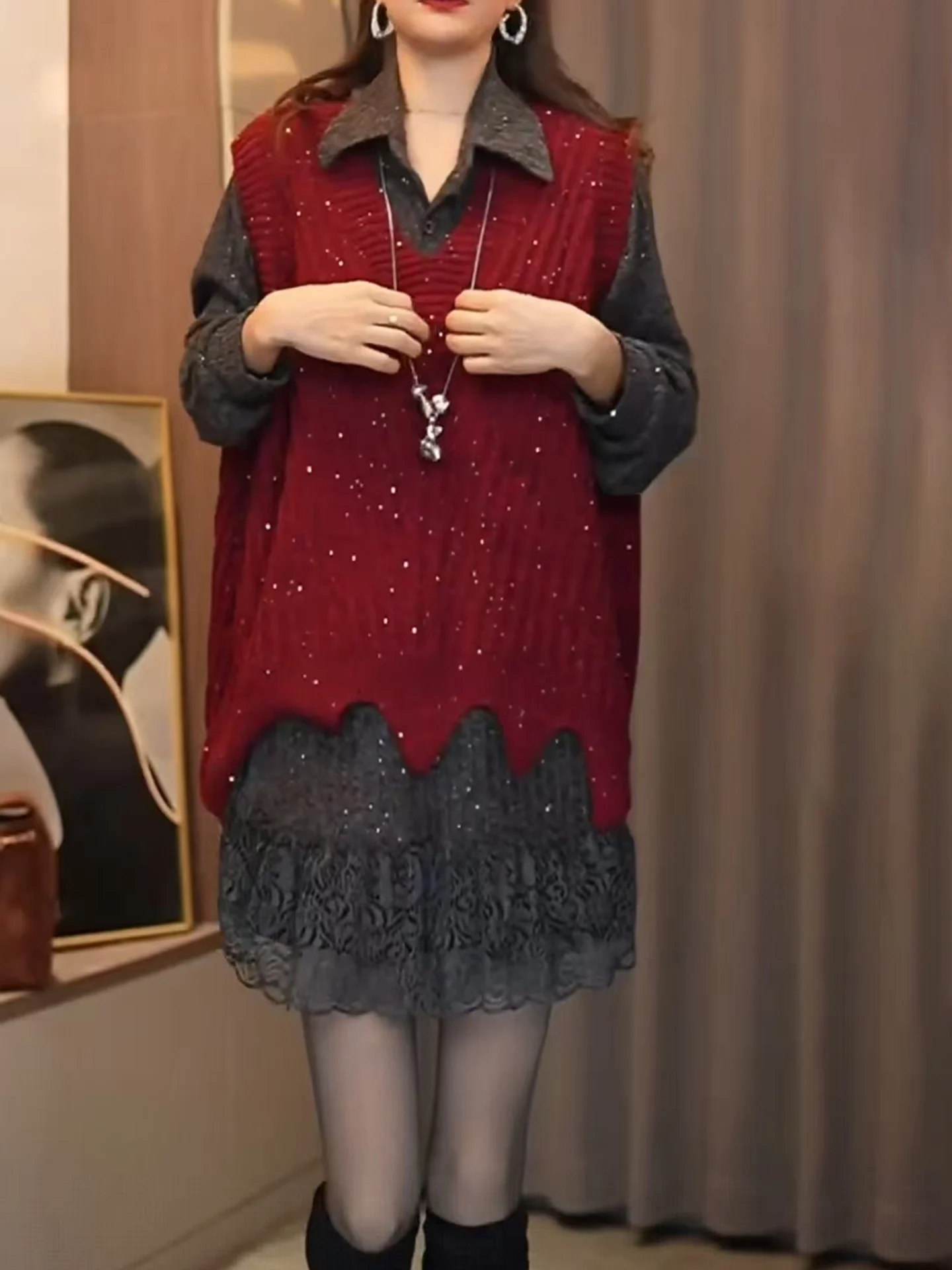 

Осенне-зимний новый вязаный жилет с волнистым краем и пайетками, кружевной вставкой и воротником-стойкой, комплект женской повседневной одежды