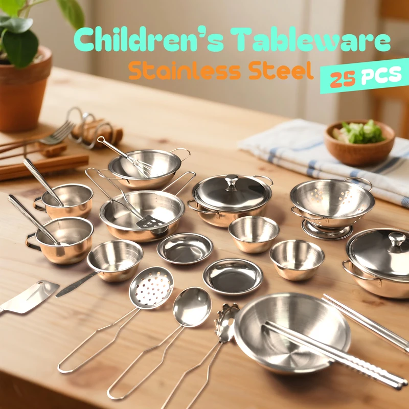 25PCS 스테인레스 스틸 주방 Playset 어린이 요리기구 주방 역할 놀이 교육 장난감 어린이를위한 소녀 소년 선물