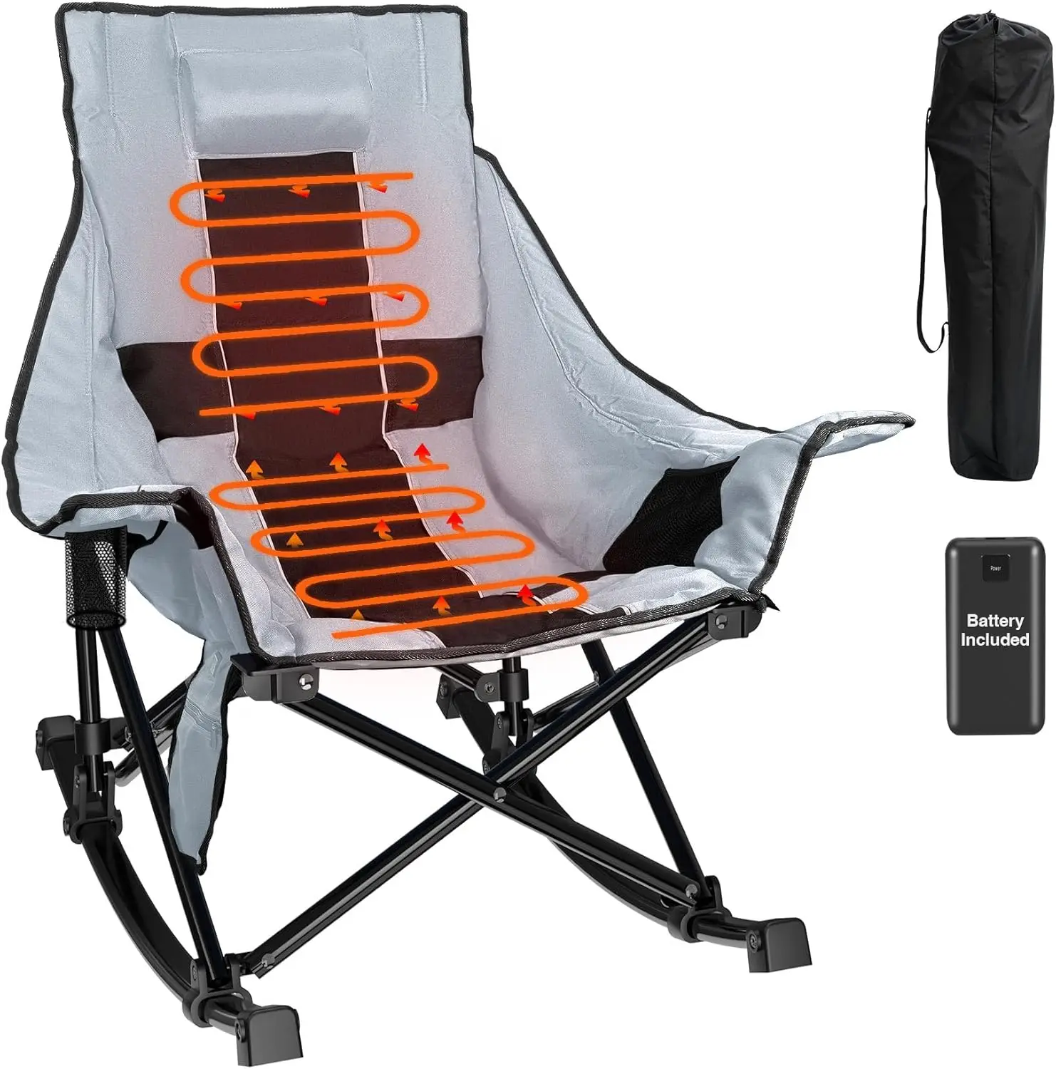 Rocking Camping Chair, XL Heated Camping Chair w/ 3 Levels Heat for Back+Seat, Padded Rocking Lawn Chair