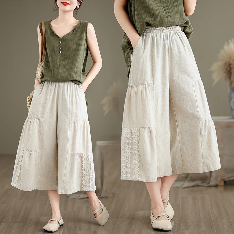 

Широкие брюки из смеси хлопка и льна с высокой талией, женские летние утягивающие брюки прямого кроя, корейские брюки для поездок на работу