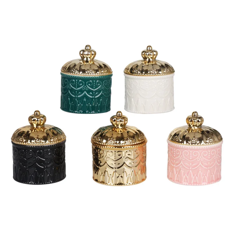 European-style Electroplating Ceramic Storage Jar Display Box Crown Jewelry Box with Lid Desktop Ornaments Home Storage Supplies