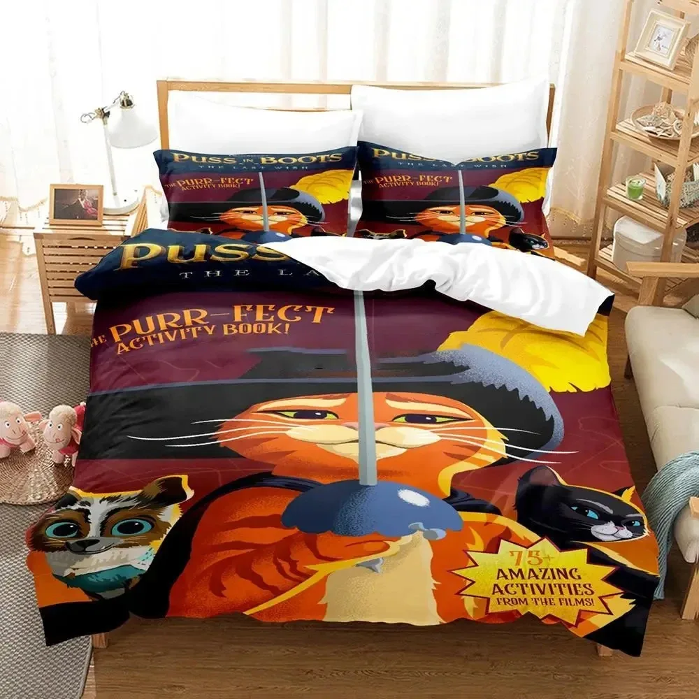 

Cartoon Cat PUSS BOOTS Bedding Set Duvet Cover Bed Set Quilt Cover Pillowcase Comforter king Queen Size Boys Adult Bedding Set