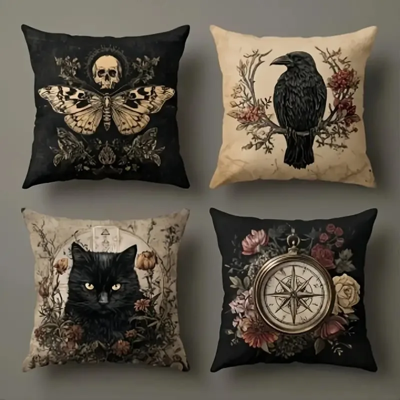 

Vintage Gothic Art Pillowcase, Mystic Raven Cat Design, Edgy Home Decor Cushion Cover