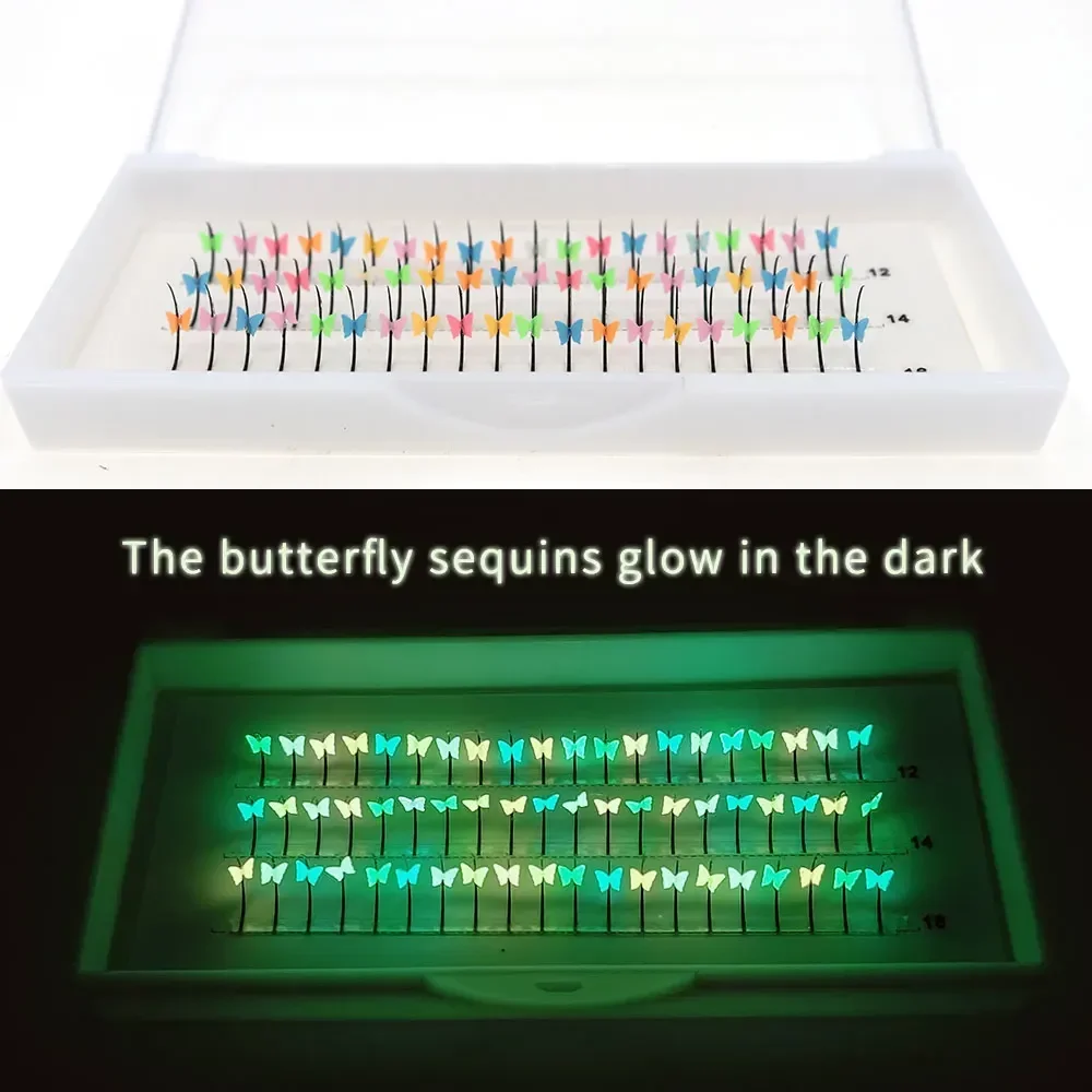 AMSDCN Butterfly Sequins Glitter 60pcs Mink False Eyelashes with Noctilucent  Individual Clusters Soft Fairy Lashes Party Makeup