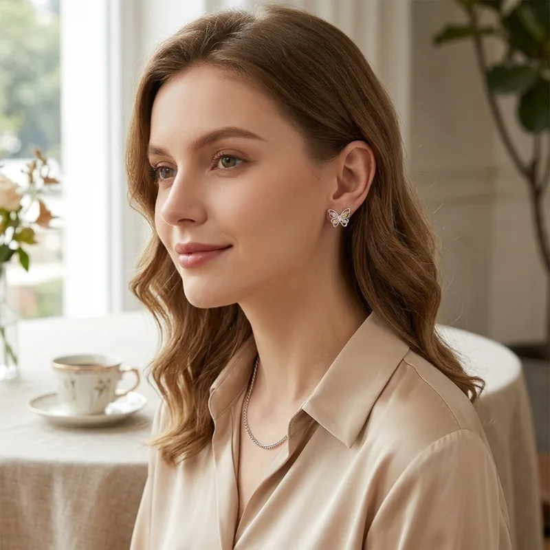 [Forest style Butterfly Earrings] Micro inlaid with colorful zircon, fresh and sweet style, versatile for spring and summer