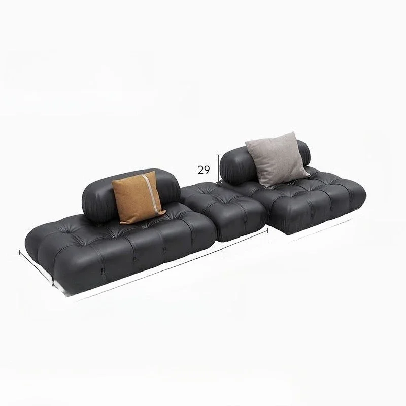 

French retro leather combination straight row light luxury nappa leather medium antique black Italian minimalist module sofa