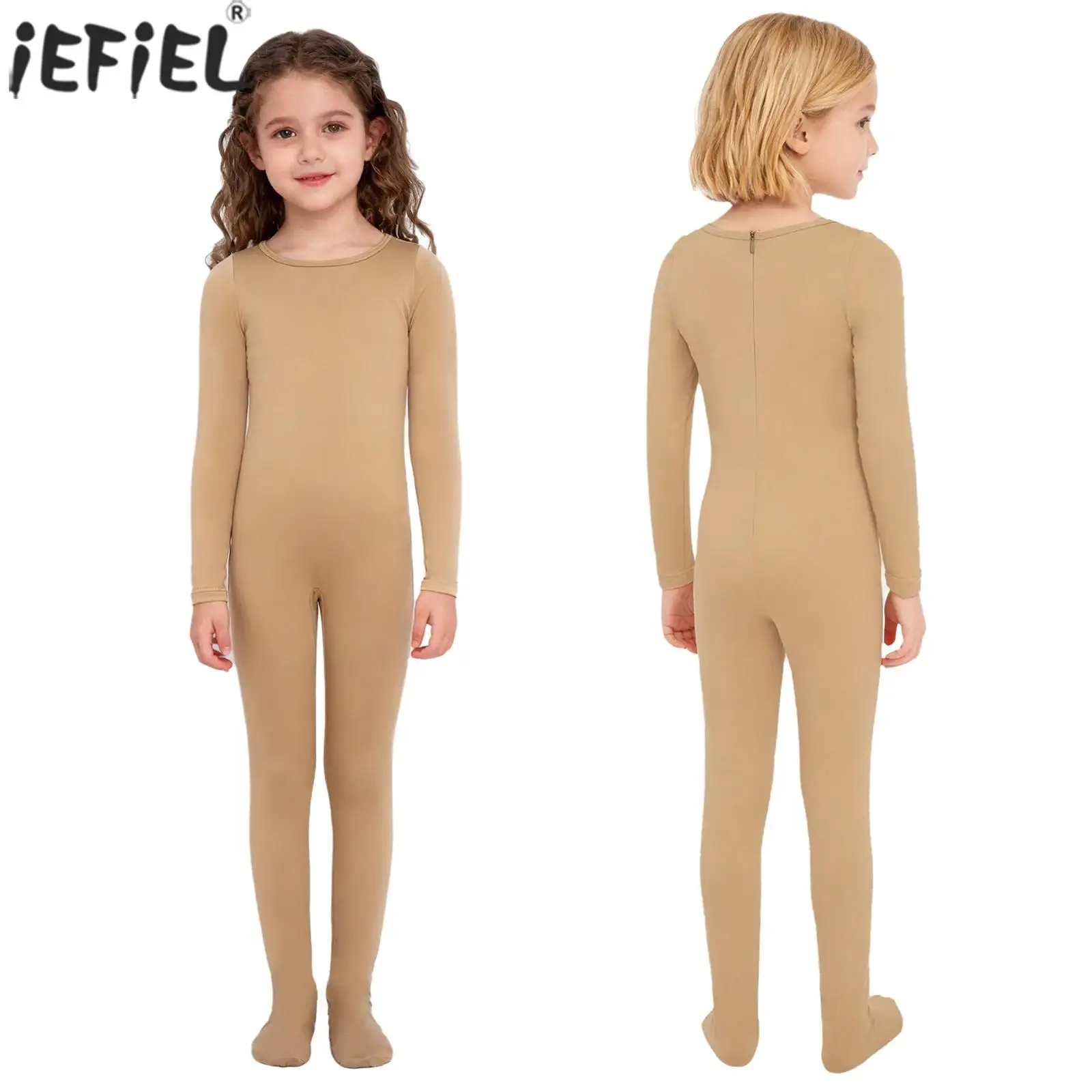 Kids Girls Dance Gymnastics Leotard Unitards Long Sleeve Solid Color Footed Jumpsuit for Skating Yoga Workout Practice Warm-Up