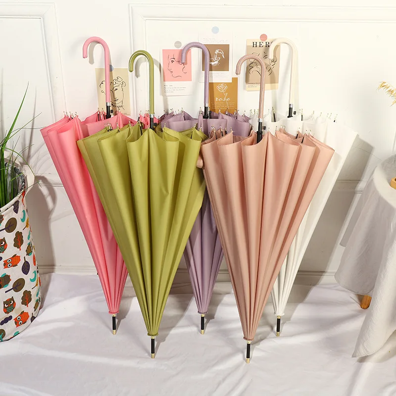 11 Colors Woman Straight Windproof Umbrella Pure Color Leather Long Handle Luxury Rain Umbrellas 16K