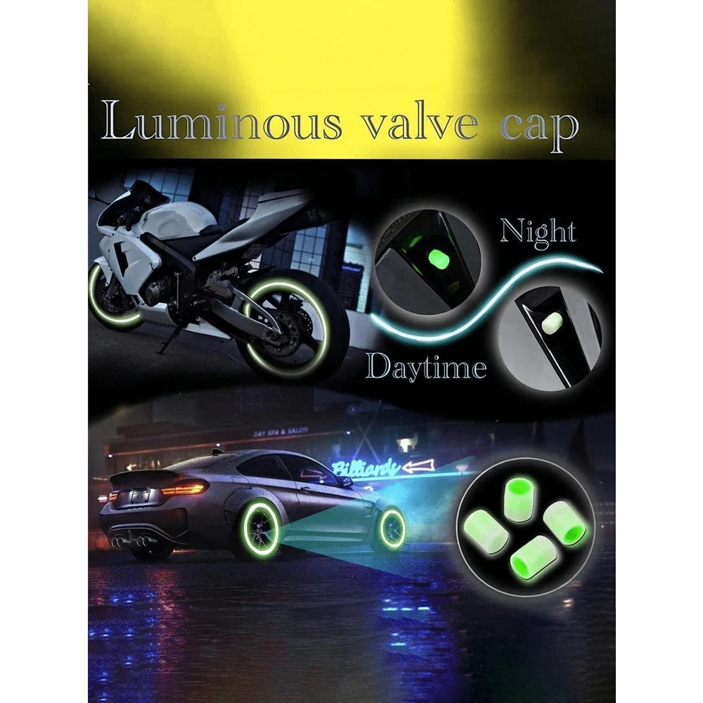 4Pcs Luminous Tire Valve Caps, Light Storage Glow In Dark Wheel Air Valve Stem Covers, Dustproof Decor Caps Fit Car view 5