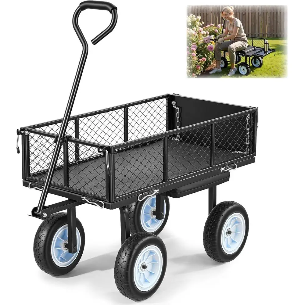 

500 LBS Steel Garden Cart with Work Seat, Heavy Duty Garden Wagon Cart on Wheels, Outdoor Metal Utility Yard Wagon Gardening Sto