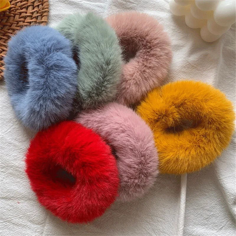 Scrunchies coloridos de pele imitada para mulheres fofo, quente, elástico, faixa de cabelo, pelúcia, corda de cabelo, penteados, outono, inverno, atacado