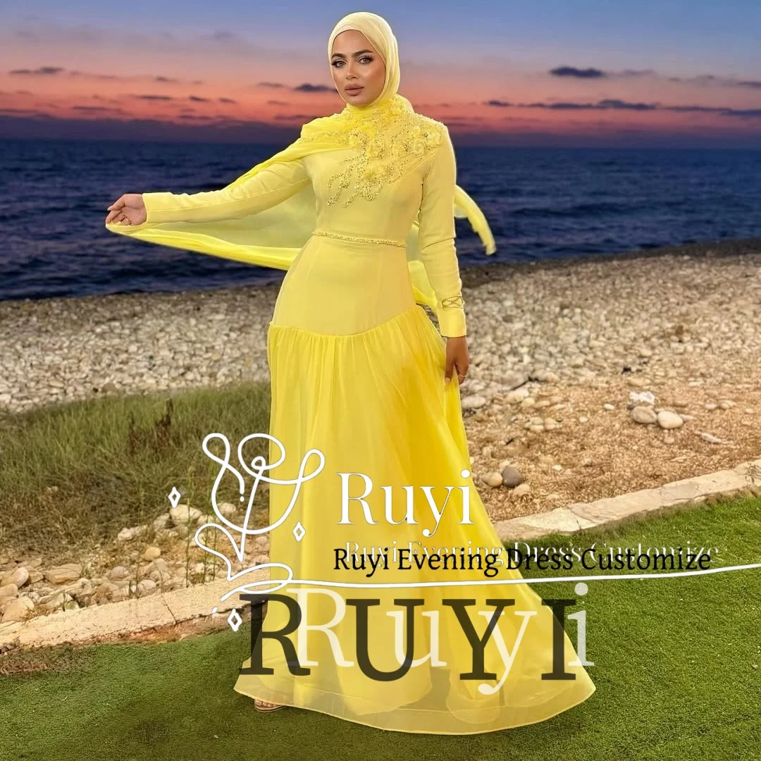 

Customized Yellow Muslim Long Sleeves Flowers Sequins A-Line Evening Dresses 2025 Women Wedding Elegant Party Dress Prom Gown
