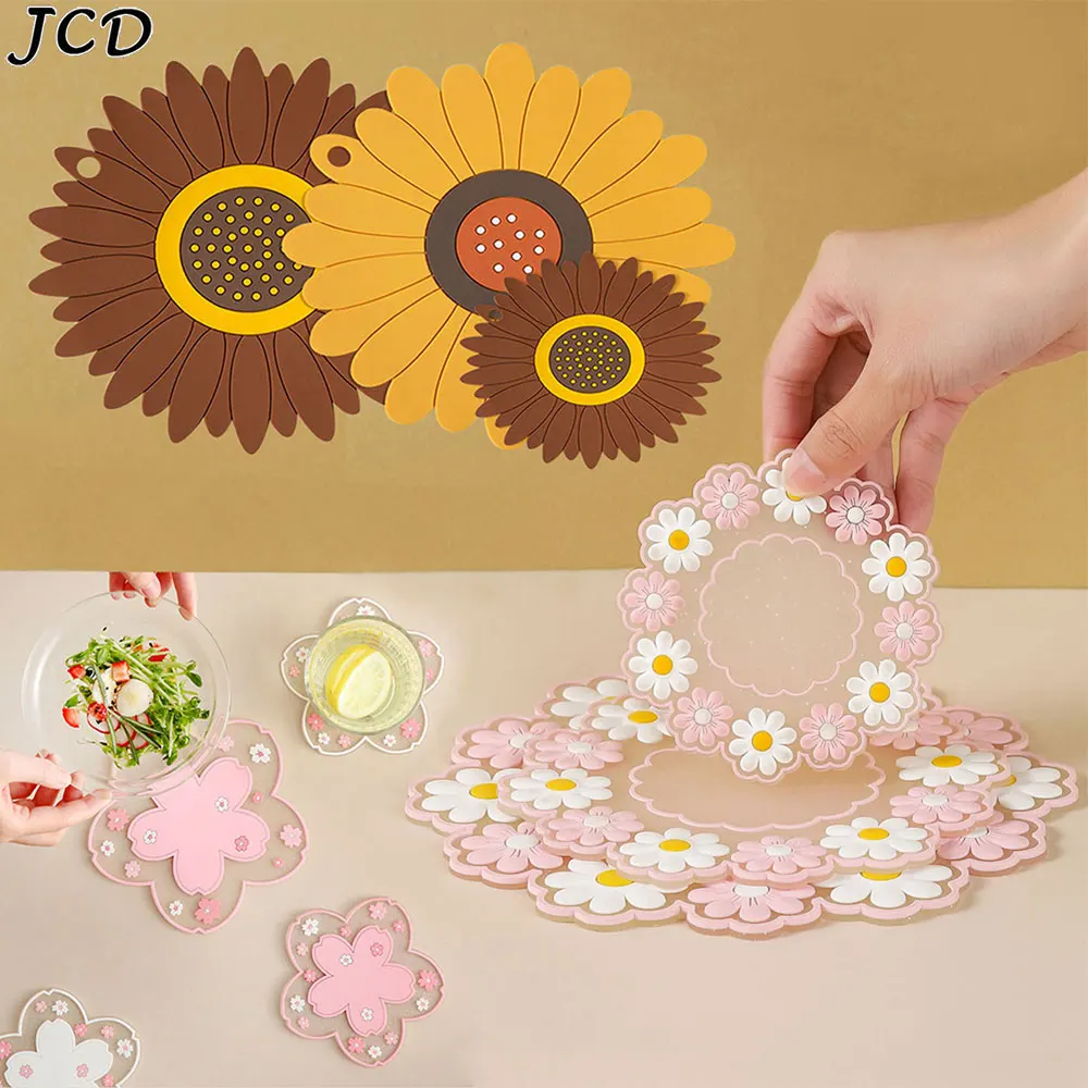 JCD Cherry Blossom Daisy Silicone Coaster Insulation Mat Non-Slip Mat Tea Cup Mat Anti-Scald Dining Table Mats Cup Coasters