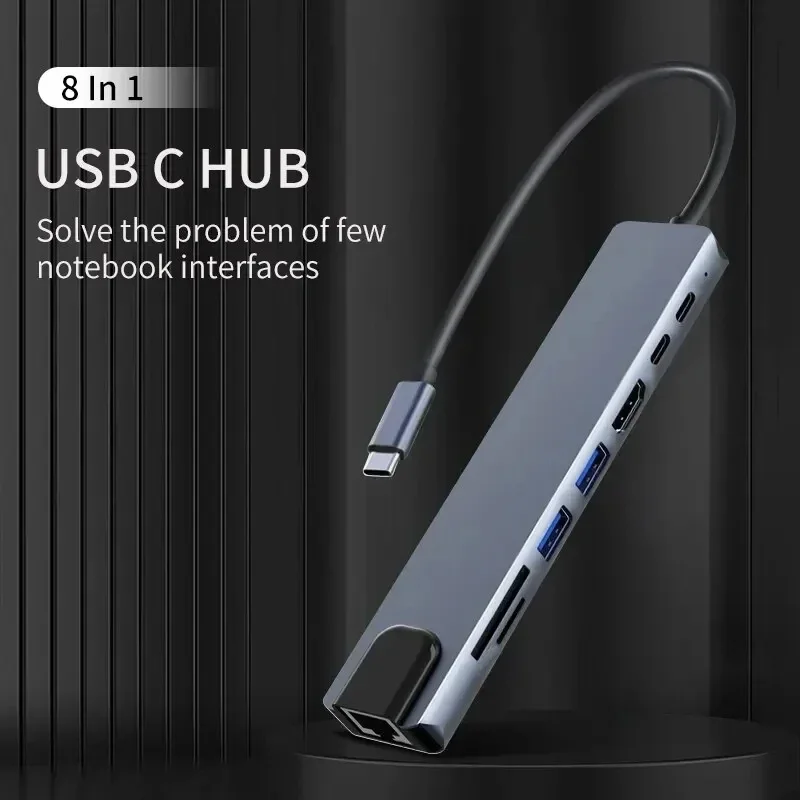 USB C Hub 8 In 1 Type C 3.1 To 4K HDTV Adapter with RJ45 100Mbps SD/TF Card Reader PD Fast Charge for MacBook Notebook Laptop