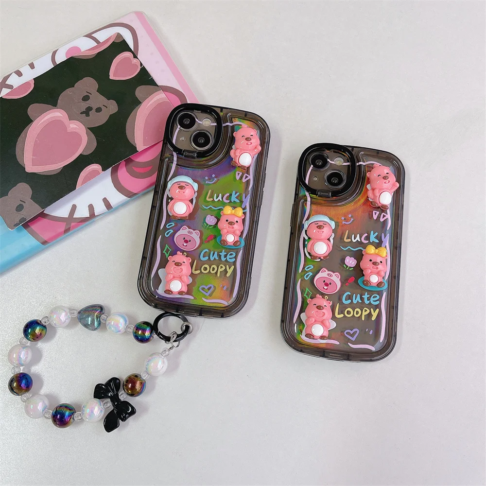 Cute 3D Bear Phone Case with Chain Lens Stand Holder Cases Protector Cover iPhone 14 13 12 Pro Max 11 15 Pro Max image 6