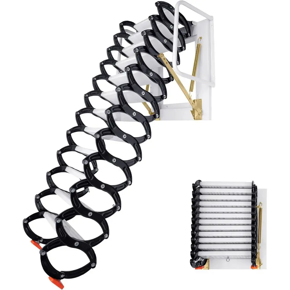 

Retractable 12-Step Attic Ladder with Armrests, Wall-Mounted, 10.17 ft Height