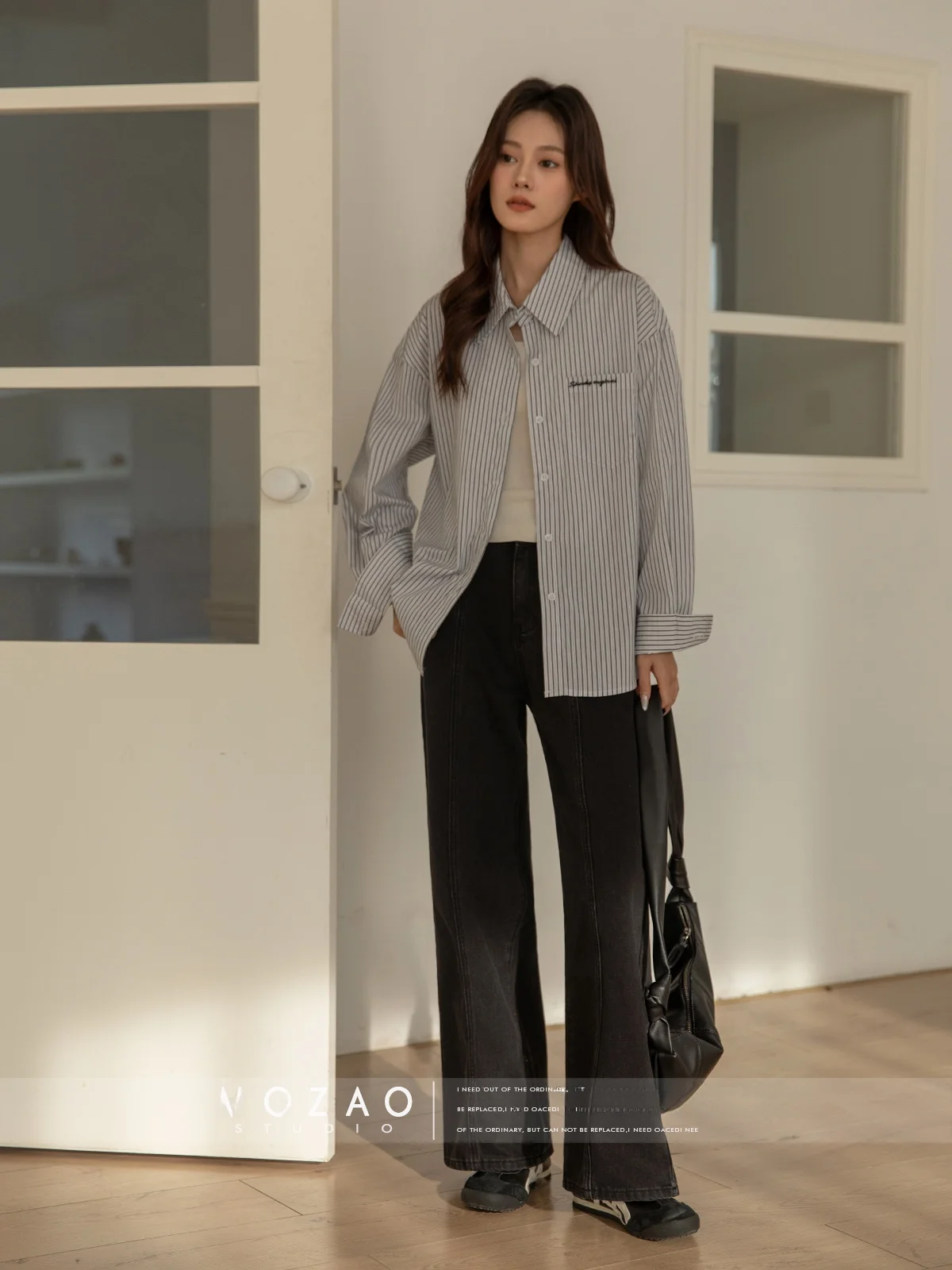 

Женская рубашка Mozao с длинными рукавами и вышивкой, в полоску, с отложным воротником, повседневная, удобная, из смесового хлопка, модный топ