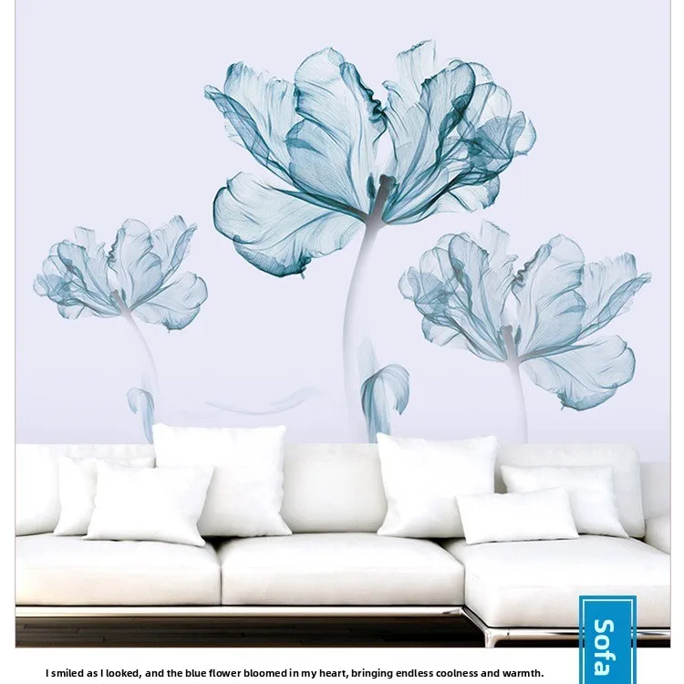 Nordic Blue Flower Wall Stickers Self Adhesive Decorative Paper for Sofa Bedroom Room Warm Decoration Waterproof PVC Material