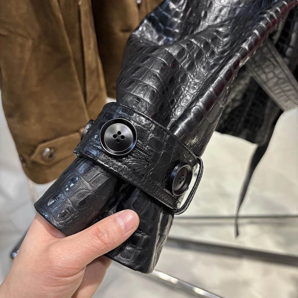 YOLOAgain Double Breasted Croc Pattern Leather Jacket Women 2026 Autumn New Genuine Leather Jacket Ladies