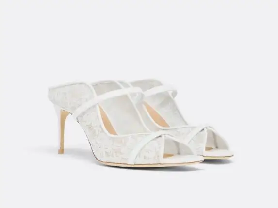 

Pure White Lace Floral Square Peep Toe High Heel Mules Women Elegant Double Leather-trimmed Strap Thin Heels Modern Slippers