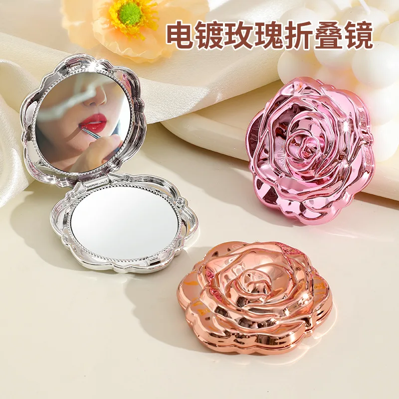 [Buy 1 get 1 free] Rose Flower Small Mirror Student Portable Folding Mirror Travel Portable Pocket Mirror Electroplated Flip Makeup Mirror
