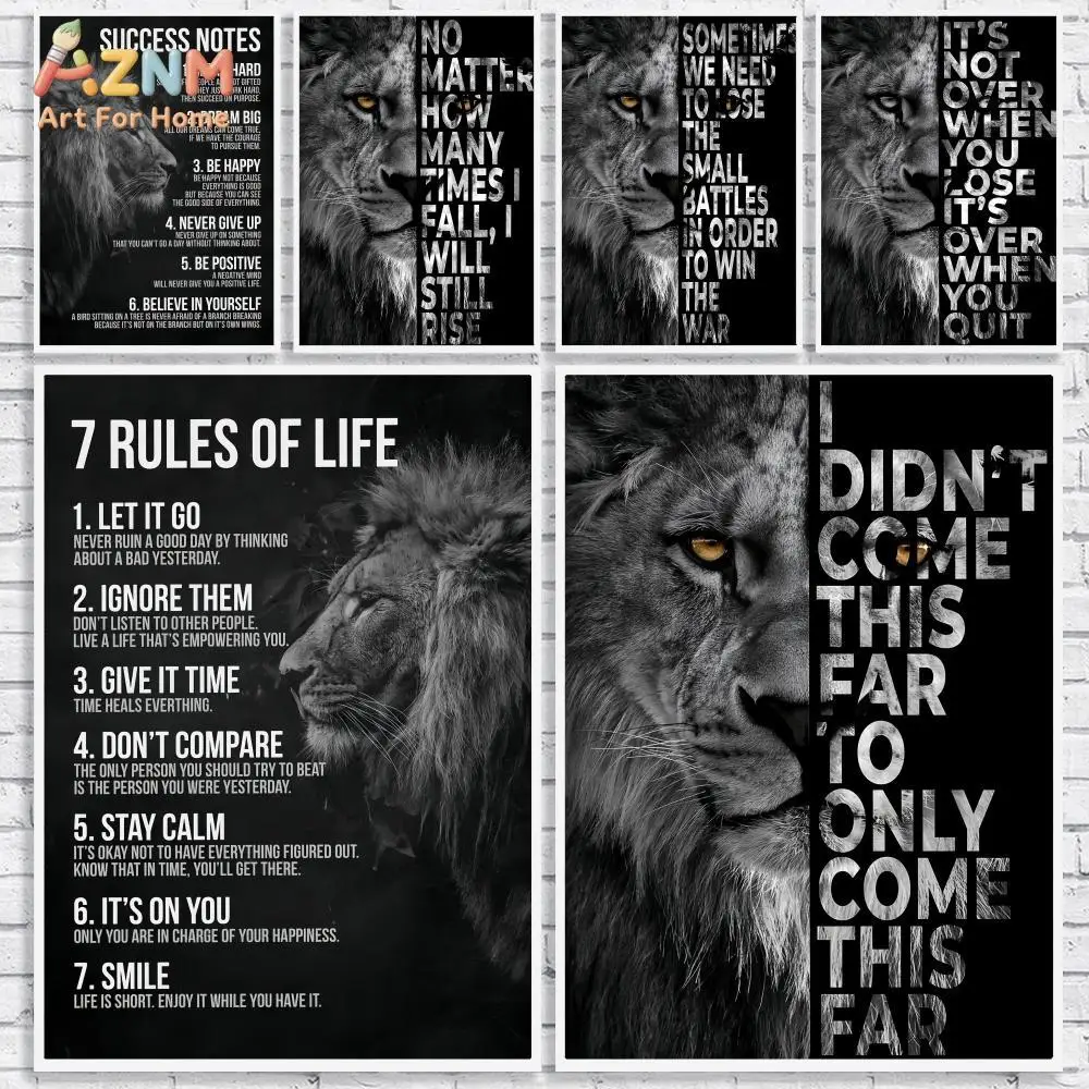 AZNM Black White Lion Motivational Canvas Wall Art Inspirational Life Rules Quotes Print Office Bedroom Entrepreneur Decor Poste