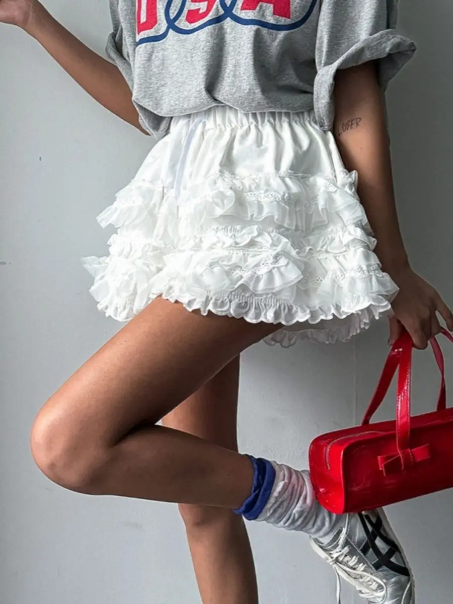 Korean Style Summer New Academy Style White Cake Shorts Lace Sweet Cool Girl High Waist Slimming Fluffy Short Skirts for Women