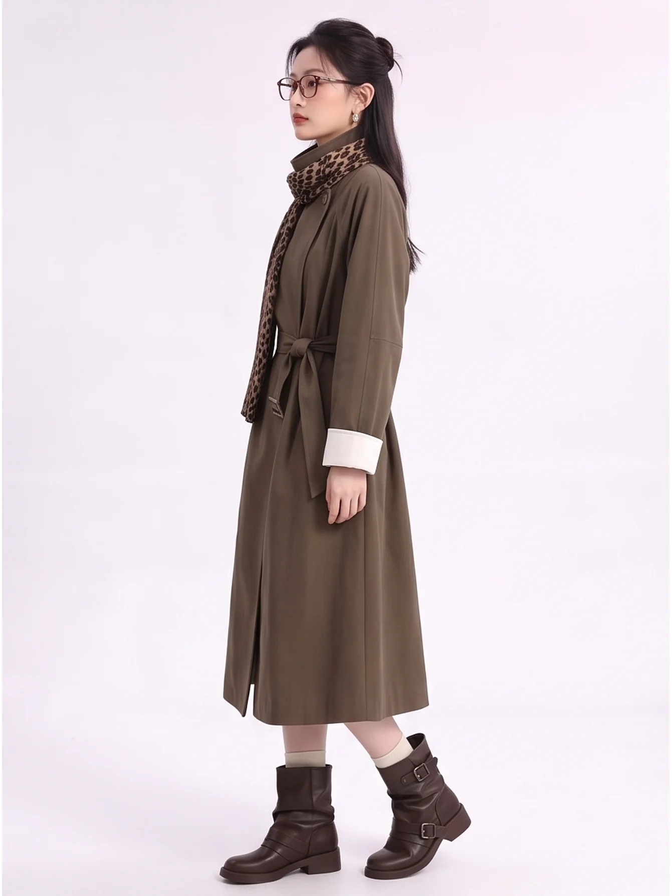 2026 Commuter Versatile High-End Color Block Sleeve Long Belted Stand Collar Coat Casual Style Standard Fit Women's Outerwear