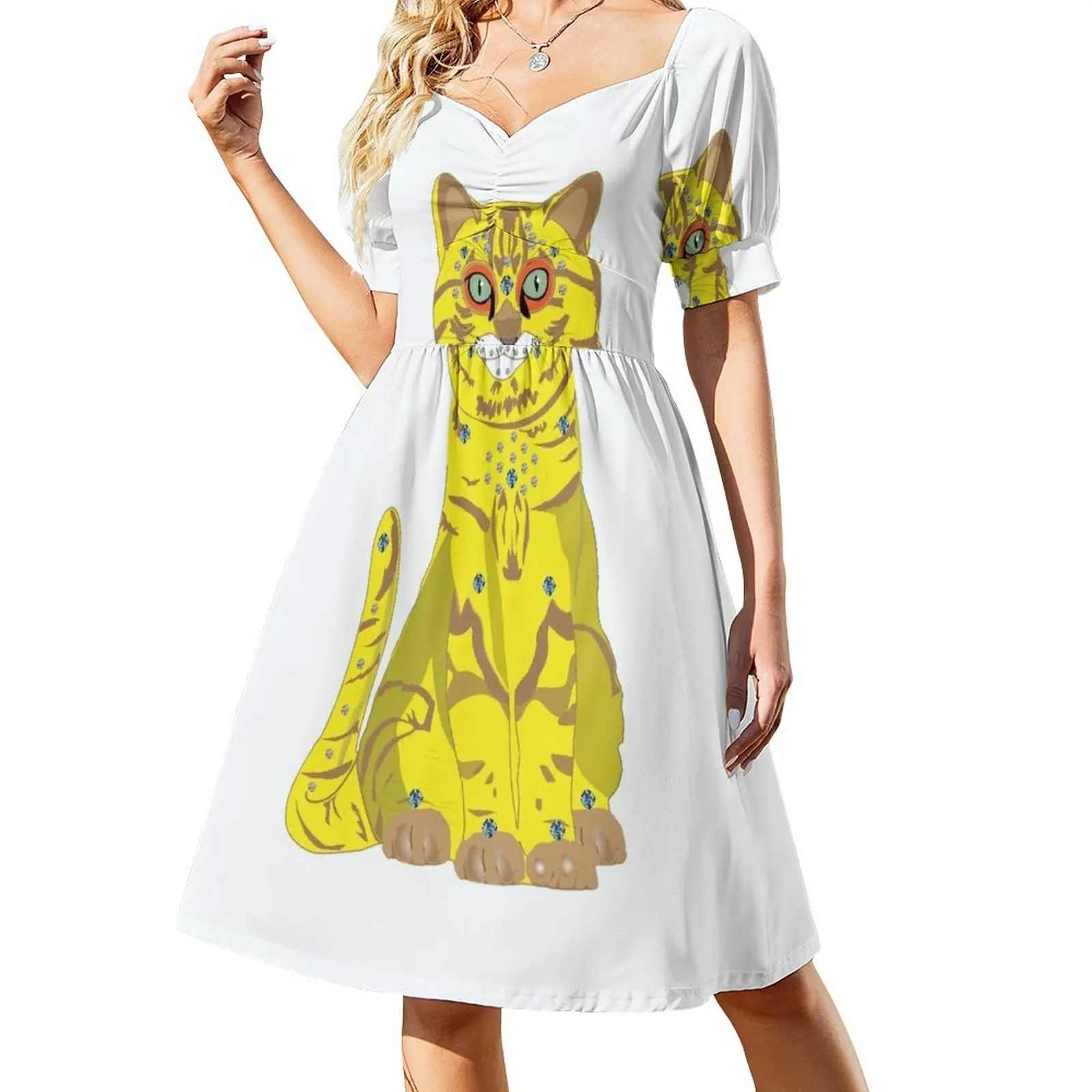 

65 MCMLXV Bejeweled Yellow Disco Cat Print Sleeveless Dress Women's summer skirt