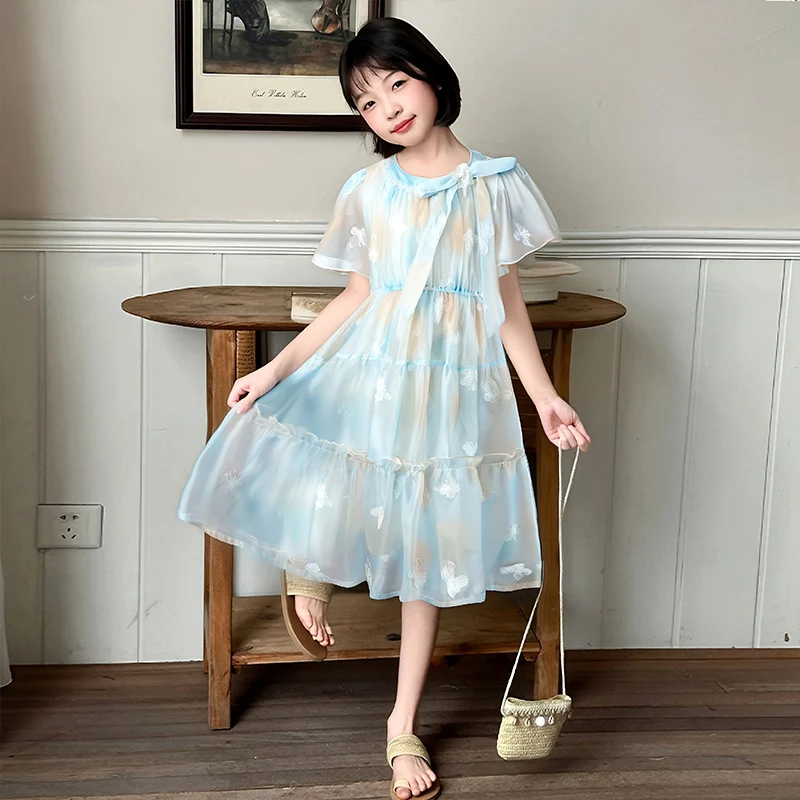 2025 New Brand Girls' Dress Bow Summer Children's Short sleeved Party Princess Dress Rainbow Baby Cake skirt