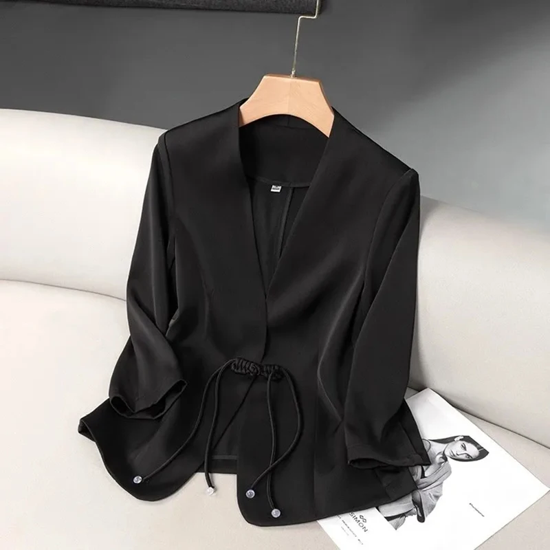 Smooth Satin V-neck 3/4 Sleeve Suit Jackets Slim Frog New Chinese Style Blazer Chaquetas Coats Women Elegant Vintage Vestes