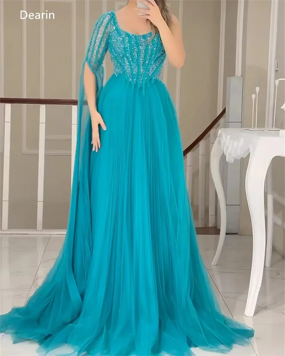 Customized Formal Gown Dearin One-shoulder A-line Floor Length Skirts Sequin Layered Draped Tulle Bespoke Occasion Dresses Prom