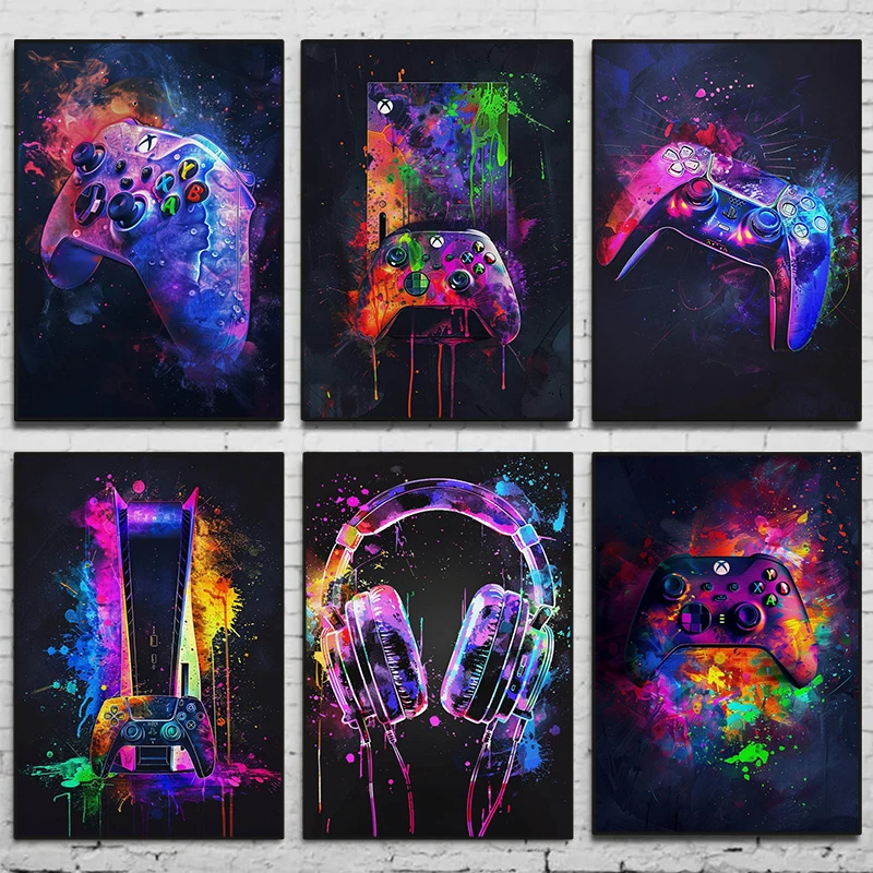 1pc frameless Gaming Watercolor Neon Canvas Painting Video Game GamePad Headset Poster Print for Boys Gamer Room Home Decor