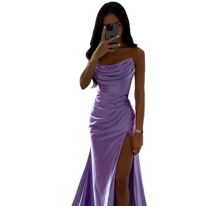 Women\'s Off Shoulder Backless Dress, Satin Split, Sexy Bodycon, Ruched, Evening, Birthday Party, Strapless Maxi Dress, Summer