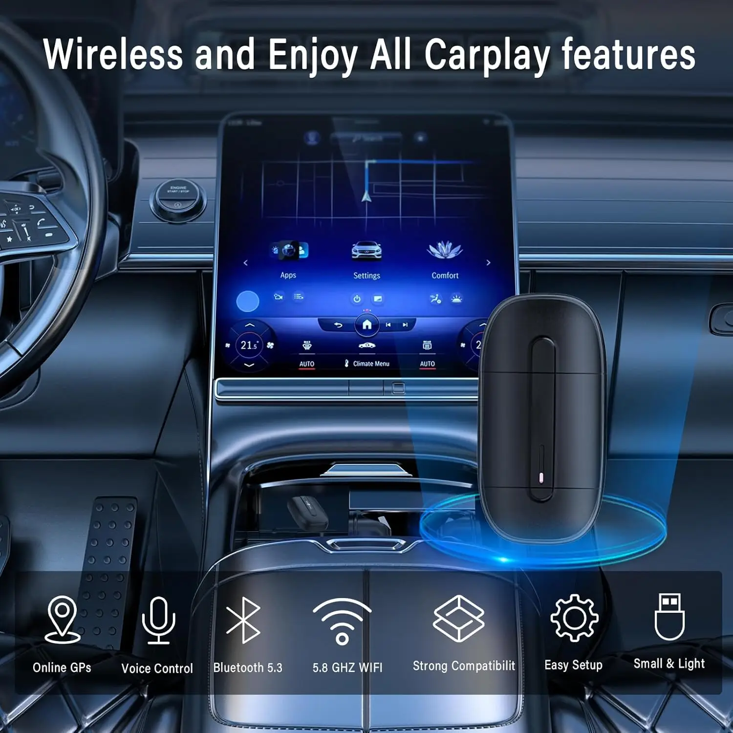 2 in 1 Wireless CarPlay Android Auto Adapter for IPhone, Mini Size USB-A Type-C Plug Design, Car Audio & Video Plug & Play
