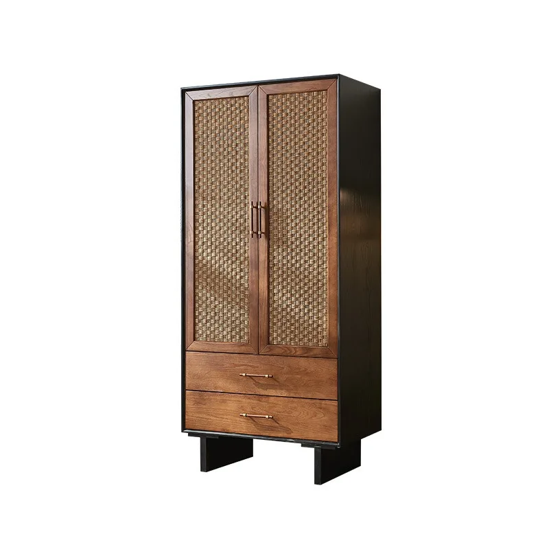 Medieval solid wood rattan wardrobe, retro cabinet B & B, bedroom double door coat cabinet
