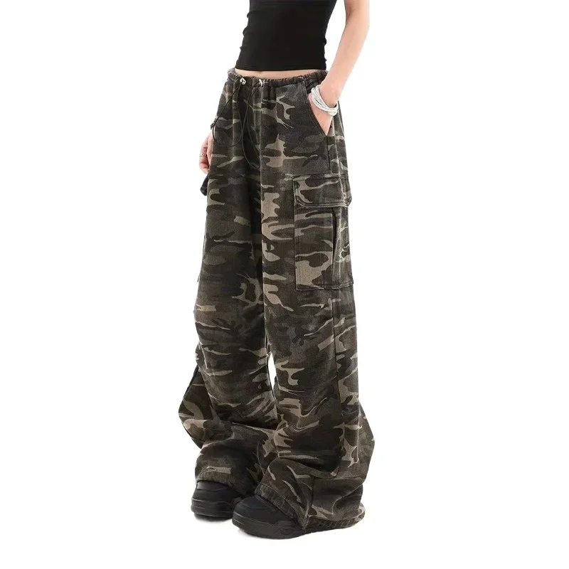 QWEEK America Vintage Baggy Camouflage Cargo Pants Woman Harajuku Y2k Retro Casual Hip Hop Trousers Korean Wide Leg Pantalones