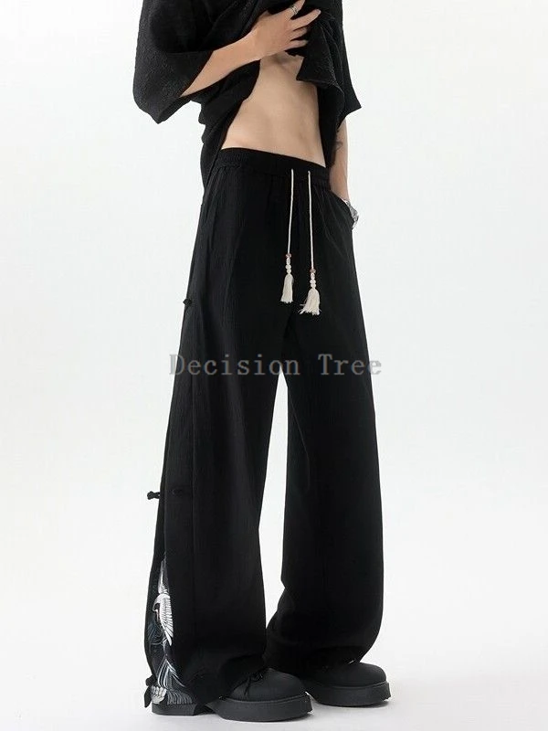 Plue Size Chinese-style Buckle Split Pants Summer Men Spliced Ice Silk Pant Wushu Drawstring Waist Pants Vintage Casual Trousers