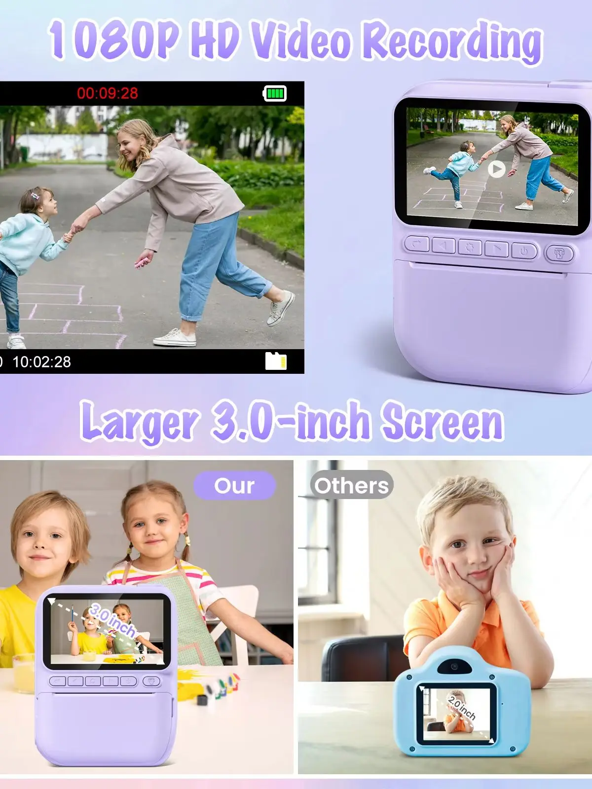 Appareil photo numérique pour enfants 3.0 "caméra à impression instantanée Portable 32MP HD 1080P caméra jouet cadeau pour 6-12 ans avec 3 rouleaux de papier d'imprimante