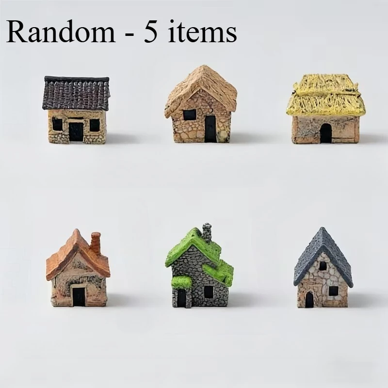 5Pcs Miniature Resin House Set Vintage Country Thatched For Bonsai Doll House Landscape Tabletop Decor DIY Mini Figurine