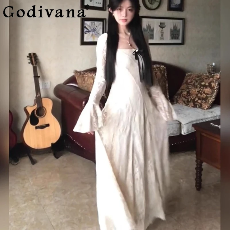 

French Square Neck Lace Dress for Women Autumn Gentle Style Bow Waist Long Dress Female Japanese Style Lolita Princess Dress