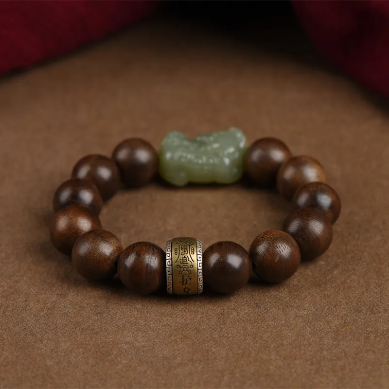 Bracelet Natural Agarwood Men's Women's Same Style Buddha Beads Light Luxury Hetian Jade Lucky Retro Handmade New Chinese Style