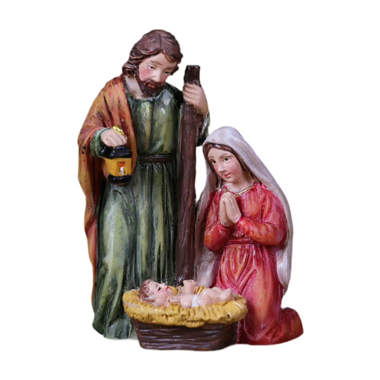 Joseph, Mary, Jesus with Manger Christmas Nativity Scene Set Flat Bottom Base for Stability Cabinet Nativity Scene Figurine