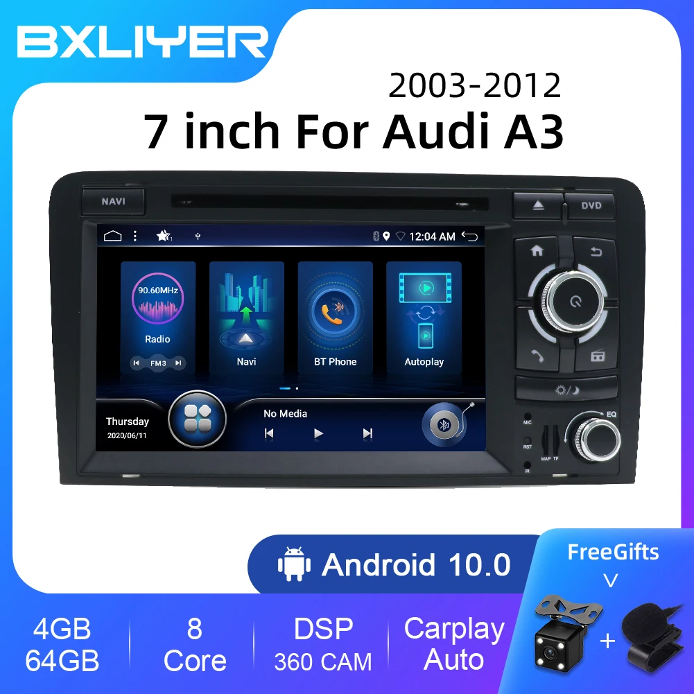 6GB+128GB Carplay DSP 7 inch Android 14 Auto for AUDI A3 8P 2003-2012 RS3 Sportback Car GPS Navigation Radio Multimedia Player