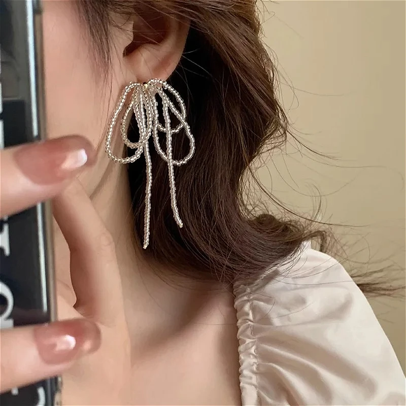 

925 Sterling Silver Charming Bowknot Bead Hollow Stud Earrings for Women Cute Fine Jewelry Minimalist Exaggerated Accessories