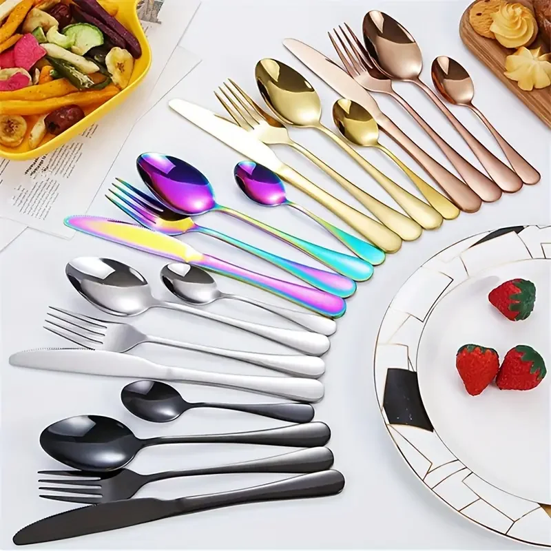 4/16/24pcs Stainless steel cutlery knife, fork and spoon set 1010 round handle cutlery suitable for wedding party hotel